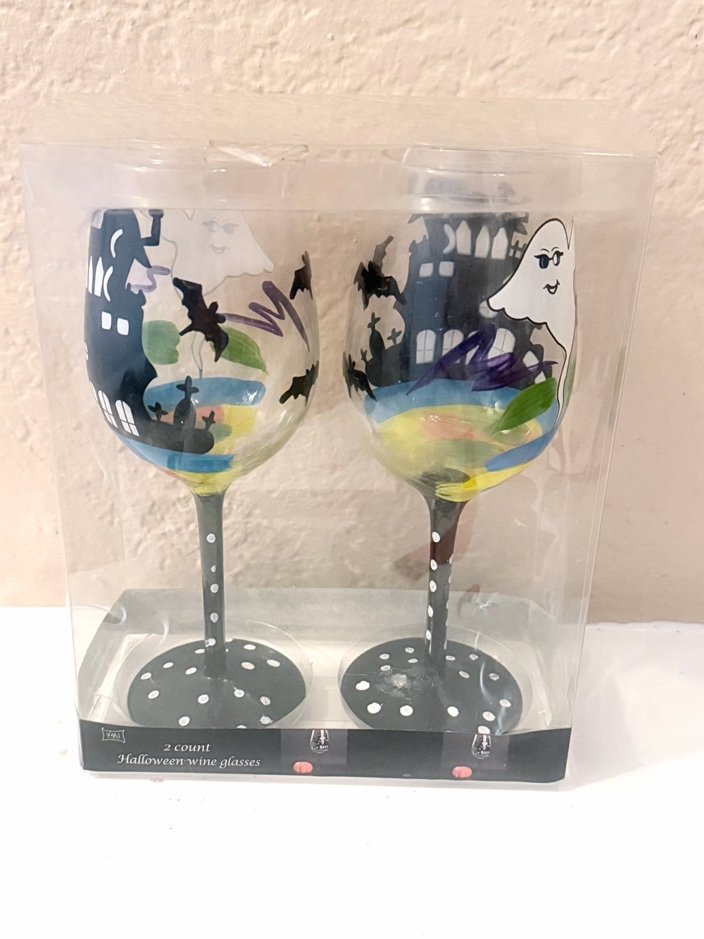 Set of 2 Hand-Painted Halloween Wine Glasses BOO! Ghost & Haunted House New NIP